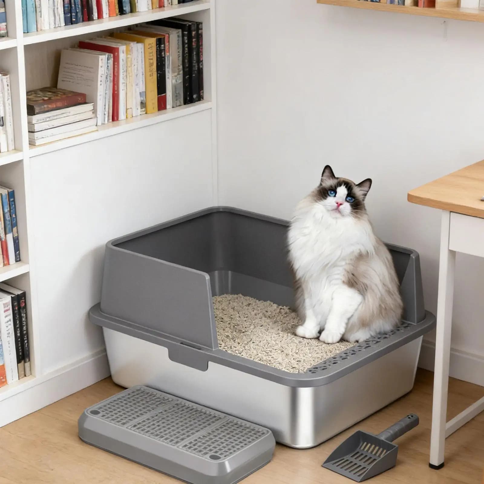 Rampa per Lettiera per Gatti con Tappetino, Filtro Rimovibile, Pedana Antiscivolo per Lettiera Automatica, per Gatti Anziani