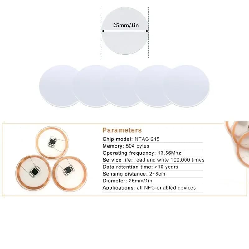 5YOA 13,56 MHz NFC Moneta Tag Ntag215 Carte adesive 504 byte ISO/IEC 14443A Impermeabile 25mm Badge Backing Controllo accessi