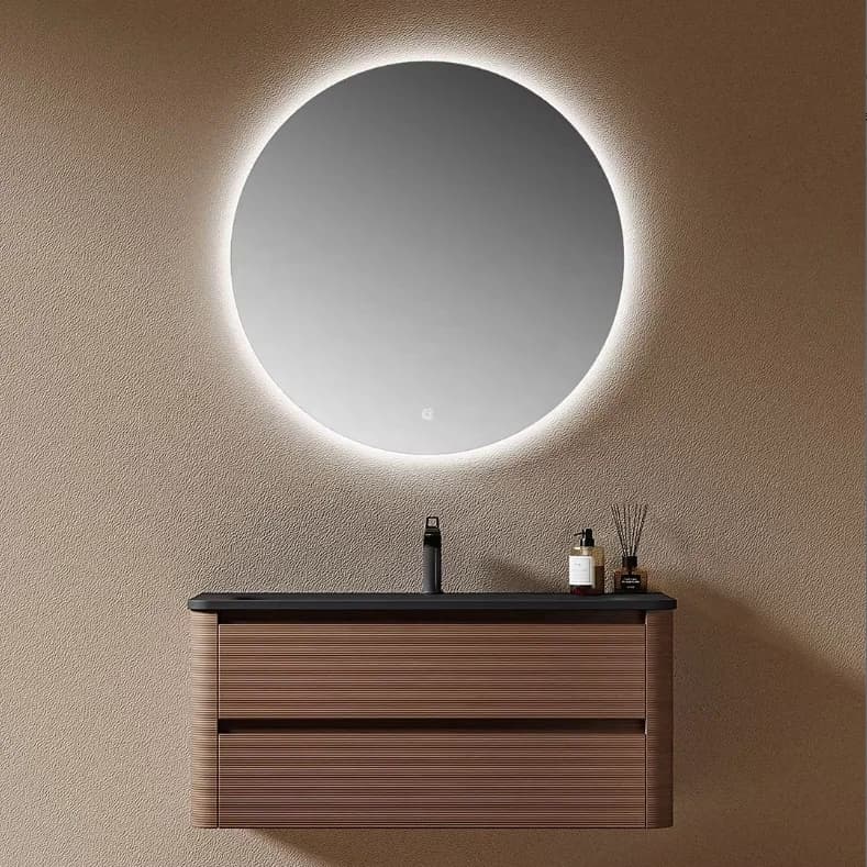 Mobile bagno rettangolare in legno con specchio intelligente, lavabo in ceramica e struttura in compensato, resistente all'acqua, ideale per hotel