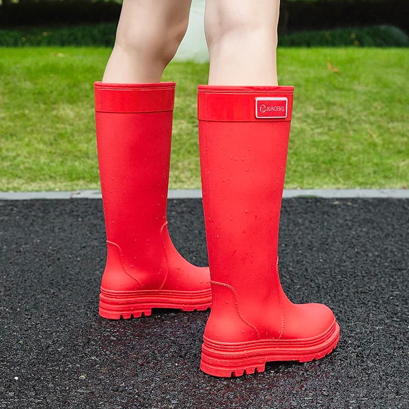 2026 New Women's High-Tube Rain Boots Red Waterproof Outdoor Hiking Shoes Slip-On PVC Material Anti-Slip Sole Summer Travel P...