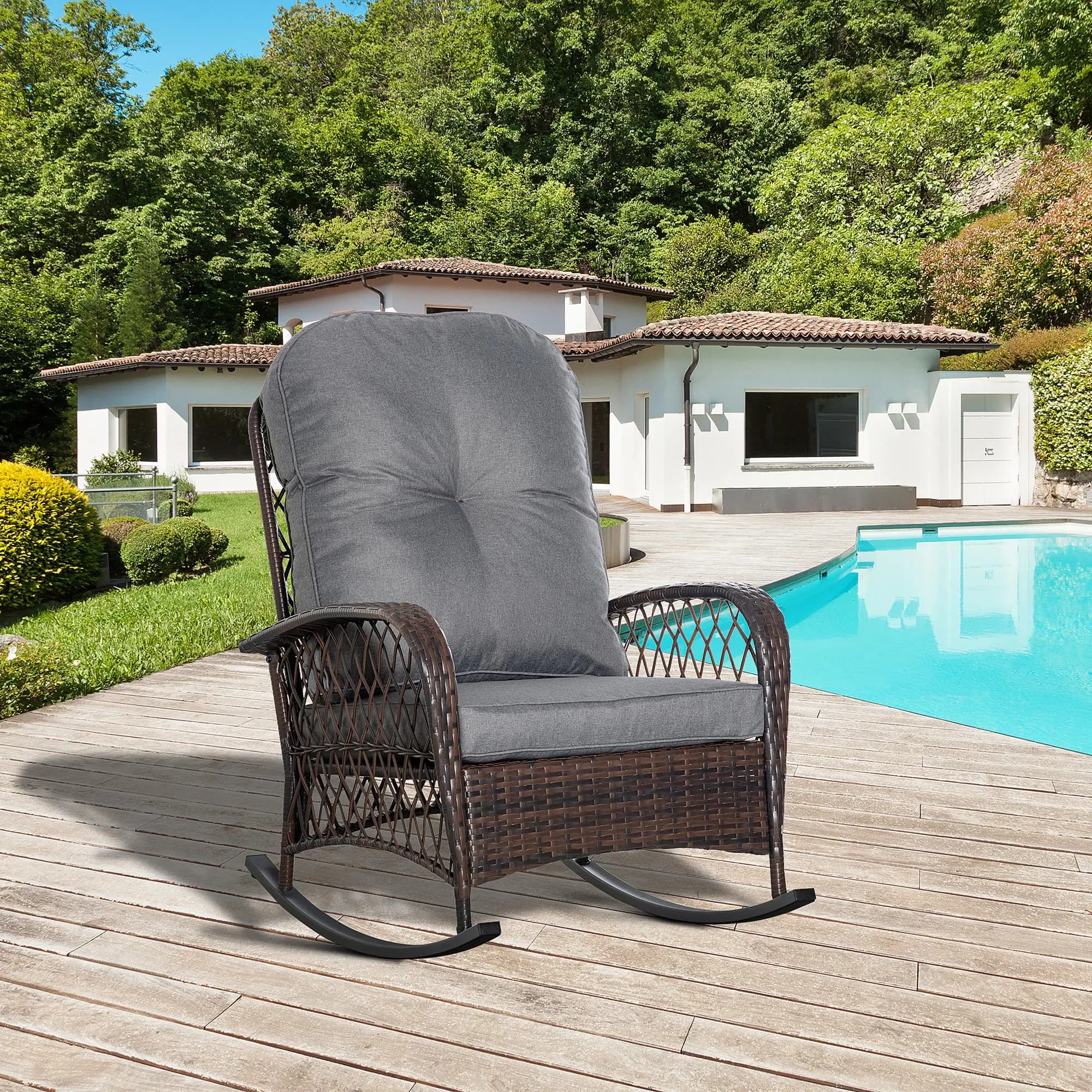Sedia a dondolo da esterno in rattan con cuscino imbottito, schienale alto, antiscivolo, resistente, portata 160 kg, resistente alle intemperie, grigia