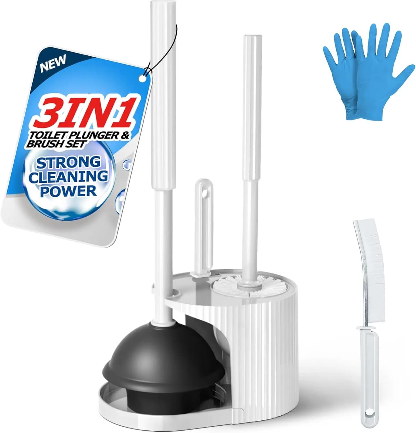 Set 3-in-1 Spazzola per WC e Sturalavandini, Strumenti per la Pulizia del Bagno con Spazzola per Fessure, Bianco