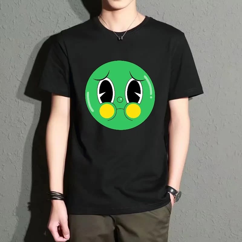 Men's Black Round-Neck Short-Sleeved T-Shirt, Fun Cartoon Expression Print Top, Casual Loose Fit, Trendy and Versatile for Everyday Wear, Comfortable and Breathable Polyester Fabric