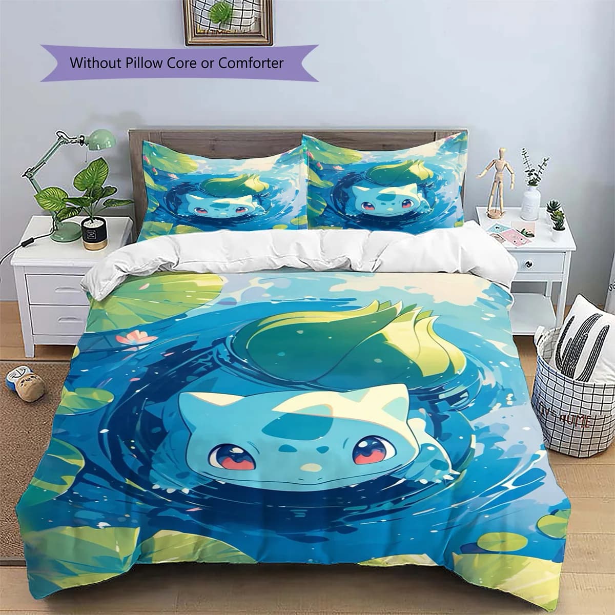 Bulbasaur Patterned Pillowcase & Duvet Cover Set Elegant Anime Bedding for Bedroom Interior Great Gift for Anime .-TING