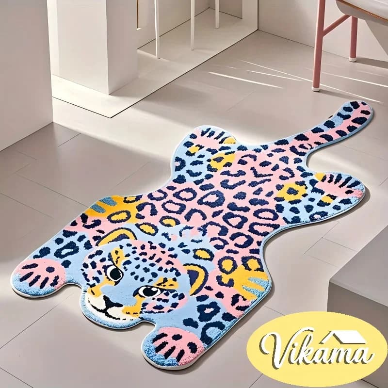 Tappeto VIKAMA con stampa leopardata rosa e blu - Comodo tappeto laterale per camera da letto, tappetino per soggiorno, decorazione per la casa