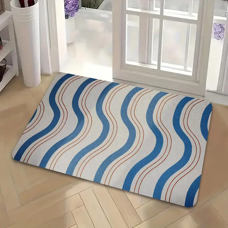 Tappeto Zerbino Durevole con Motivo a Onde a Righe per Interni ed Esterni, Tappeto per Ingresso e Corridoio Stile Blu Arancione 40x60cm