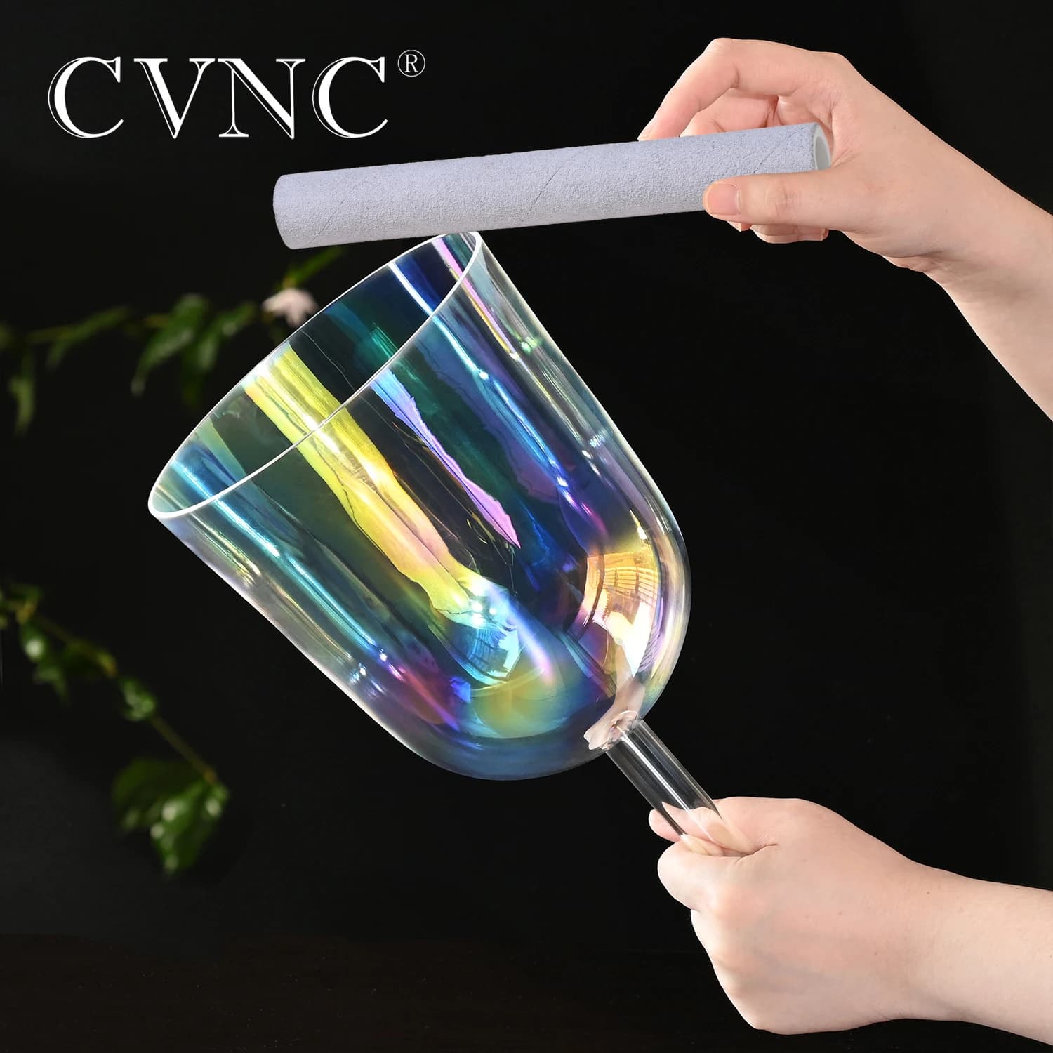 CVNC 7 Inch Cosmic Light Clear Quartz Crystal Singing Bowl with Handle for Stress Relief Sound Healing and Meditation