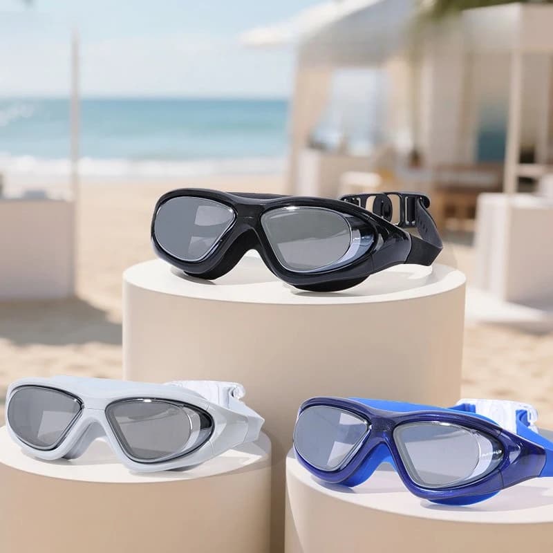 Occhialini da nuoto per adulti ad alta definizione con montatura grande, specchio integrato, impermeabili e antiappannamento, con tappi per le orecchie inclusi, attrezzatura per il nuoto.