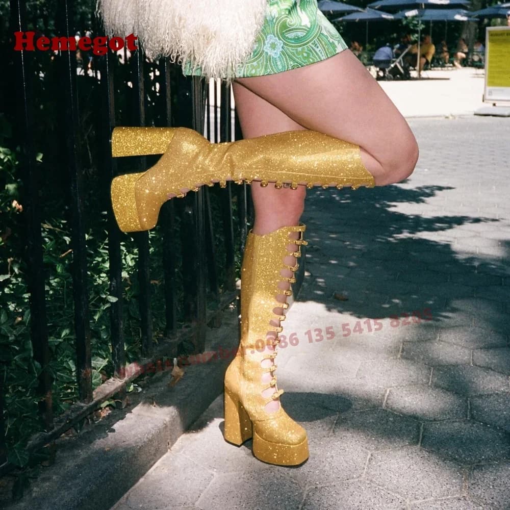 Gold Round Toe Chunky Heeled Buckles Women's Sandals Velvet Platform Cut-Out Sandal Boots Summer Solid Side Zipper Luxury Shoe