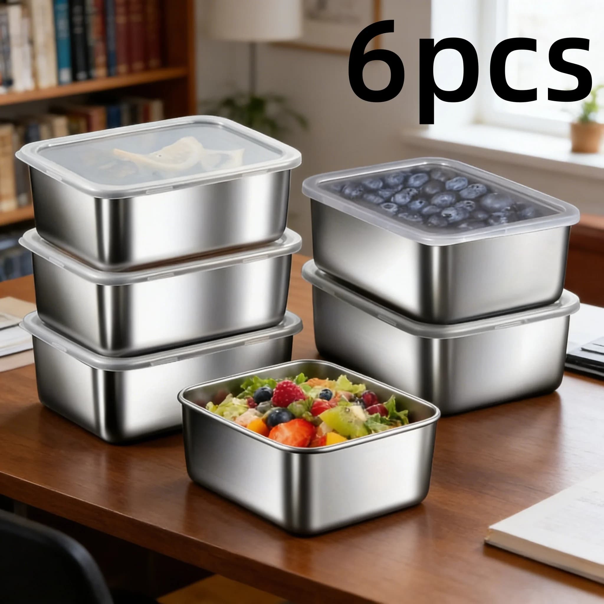 Set di 6 Contenitori in Acciaio Inox con Coperchi, Ermetici e Impilabili per Conservazione Alimenti, Picnic e Porzionamento in Frigorifero
