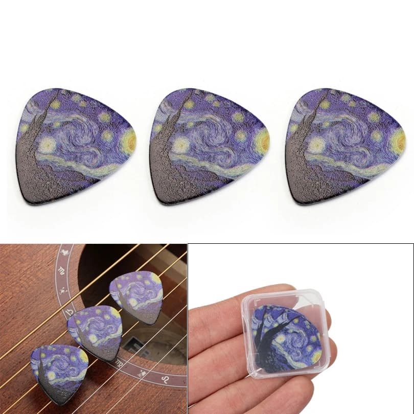 3 pz/lotto Chitarra Elettrica Acustica Paddle 0.46mm 0.71mm 0.96mm Cielo Stellato Plettri per Chitarra in Celluloide con Scatola