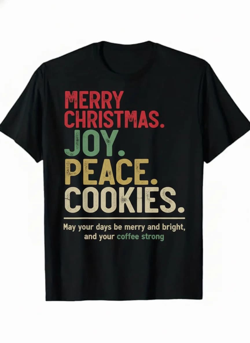 Men's Short Sleeved Casual Graphic T-shirt - Men's Summer Crewneck T-shirt with funny letter print "Merry Christmas Joy Peace Cookies".