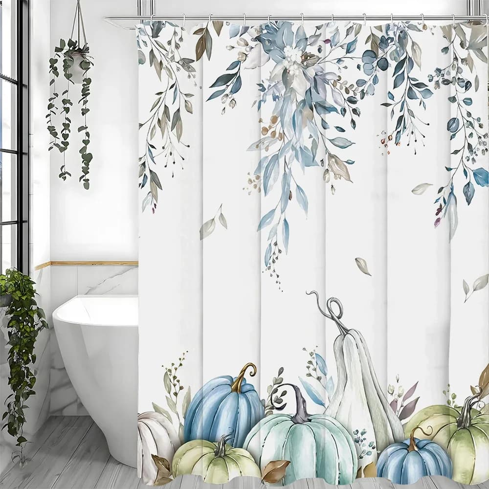 Tenda da doccia floreale con foglie di eucalipto di zucca raccolta autunnale, tenda da doccia decorativa per il bagno, tenda da doccia impermeabile con