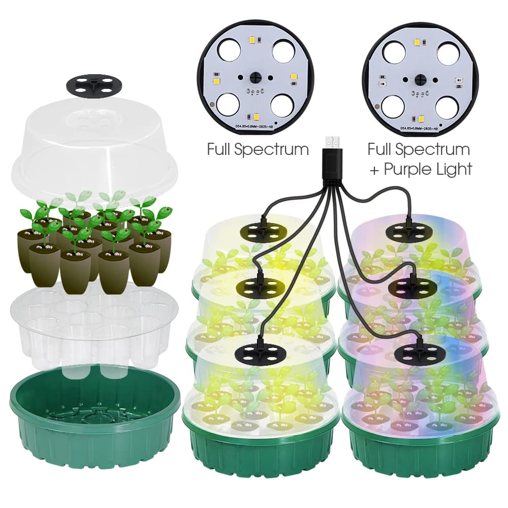 Round Seed Starter Tray with Full Spectrum LED Grow Lights 13-Cell Seedling Plant Growing Garden Propagator Humidity Vented Dome