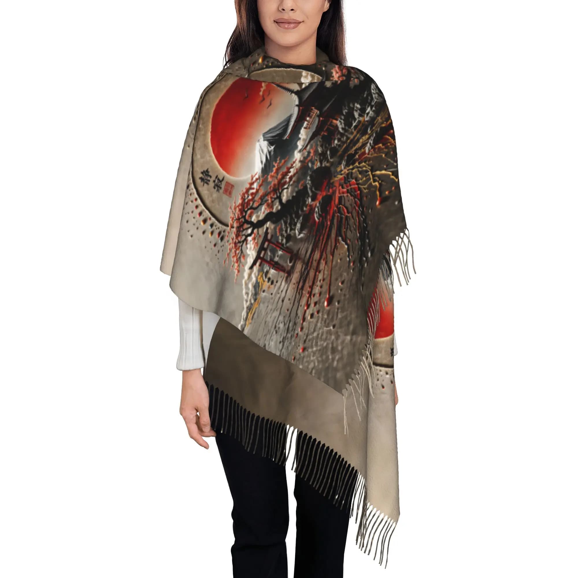 Custom Print Wabi Sabi Fuji Zen Sakura Enso Sun Print Scarf Men Women Winter Fall Warm Scarves Shawl Wrap