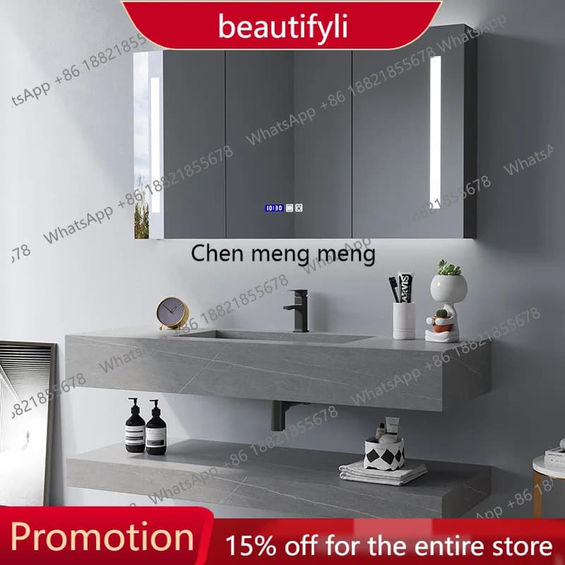 Mobile bagno X188 con lavabo integrato in roccia, specchio e contenitore per hotel
