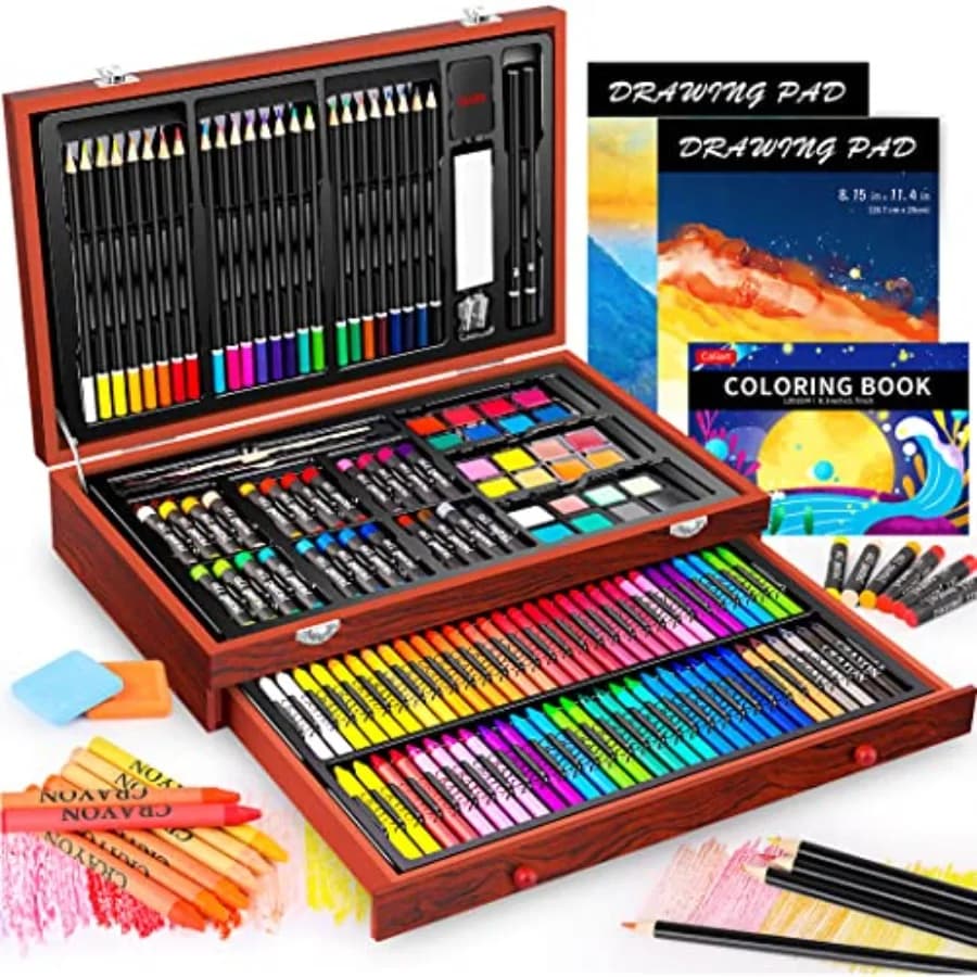 Art Supplies, 153-Pack Deluxe Art Set in Wooden Case, Crafts Drawing Painting Kits with 2 A4 Sketch Pads, Coloring Book, Birthd