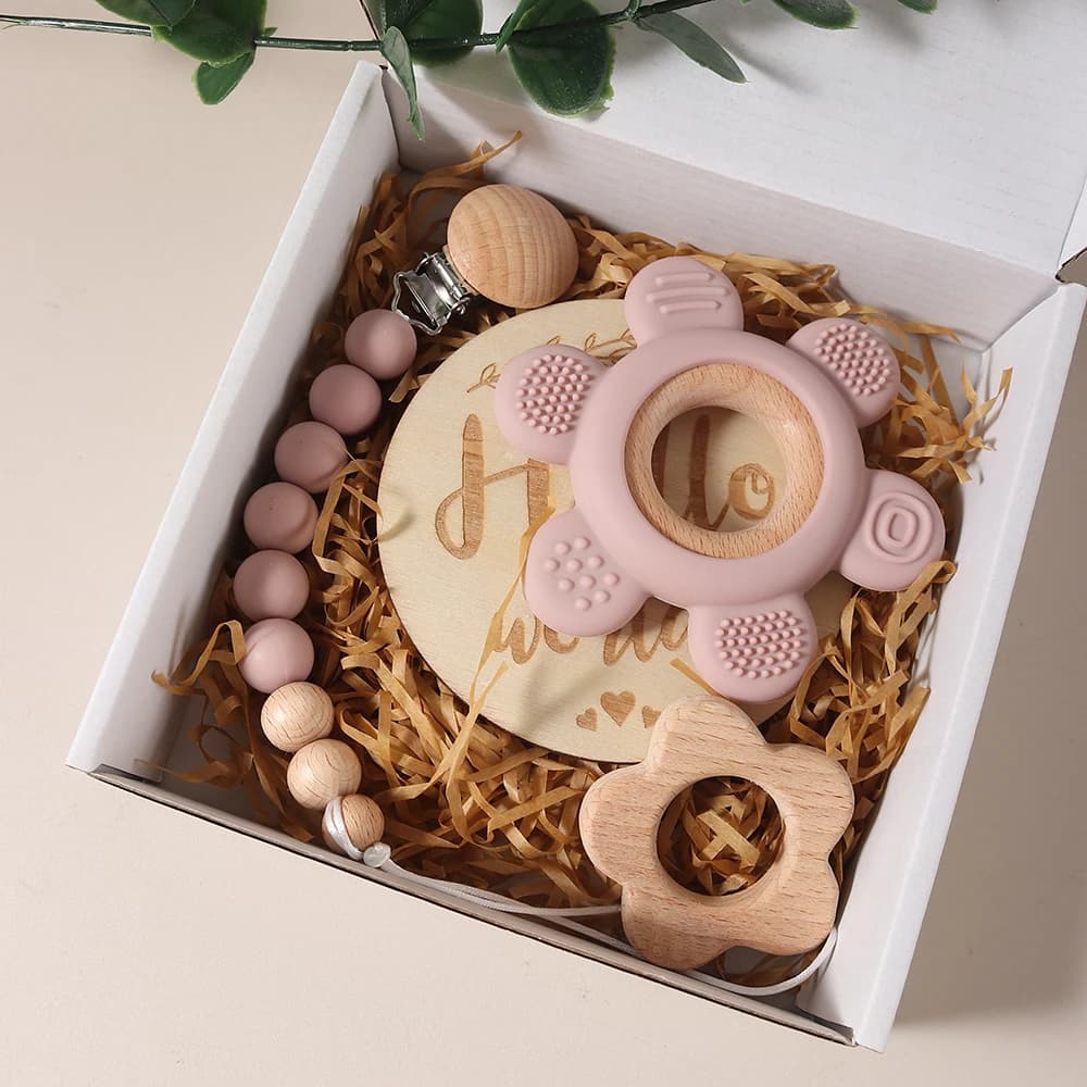 Set regalo per bambini, giocattolo per la dentizione, confezione regalo, catena per ciuccio, clip per ciuccio, elementi essenziali per neonati, memoria floreale, pietra miliare, oggetti di scena, neonato lenitivo