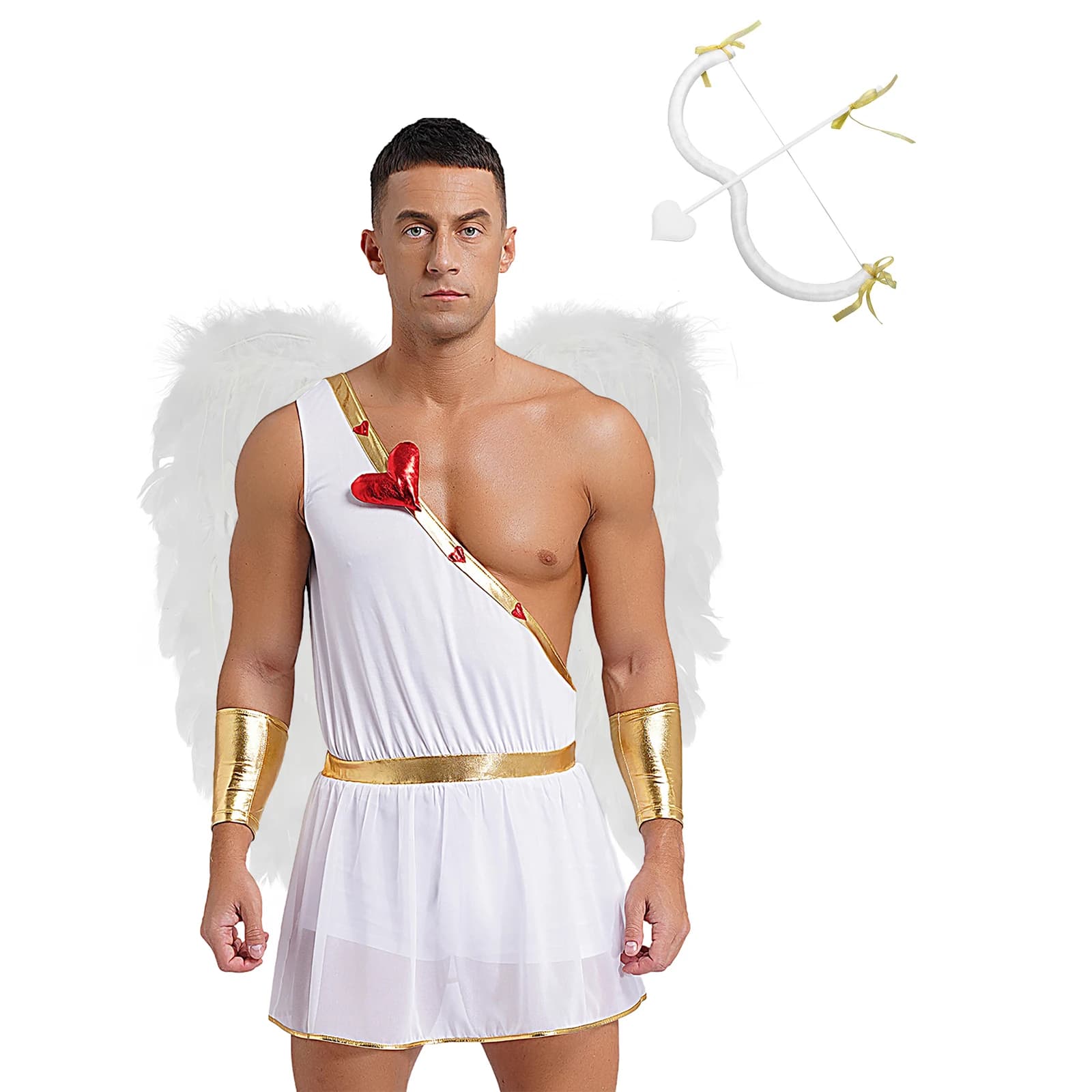 Costume da Cupido da uomo per Halloween, San Valentino, Dio dell'amore, vestito con gonna e polsini, ali d'angelo, set di frecce con fiocco