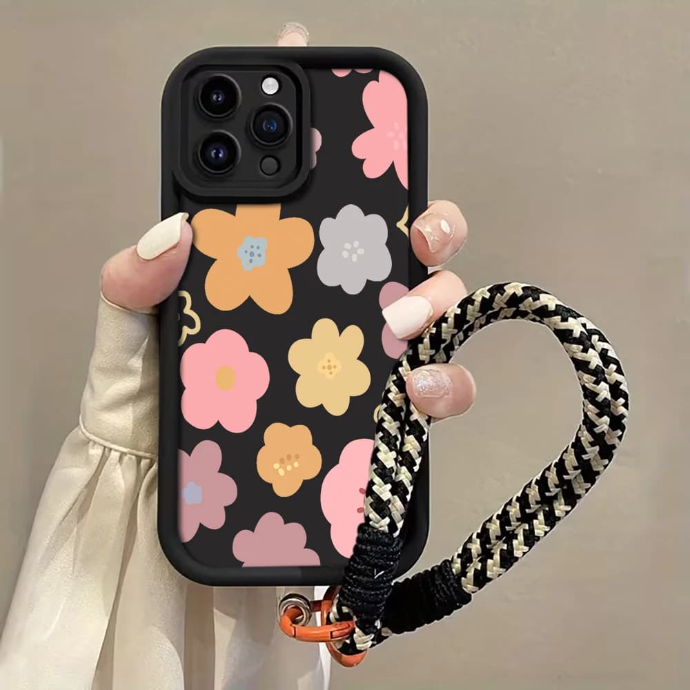 Macaron Flowers Strap Rope Phone Case For iPhone 12 13 14 15 16 17 Pro Max 15 14 13 Plus XR 17E Shockproof Matte Silicone Funda
