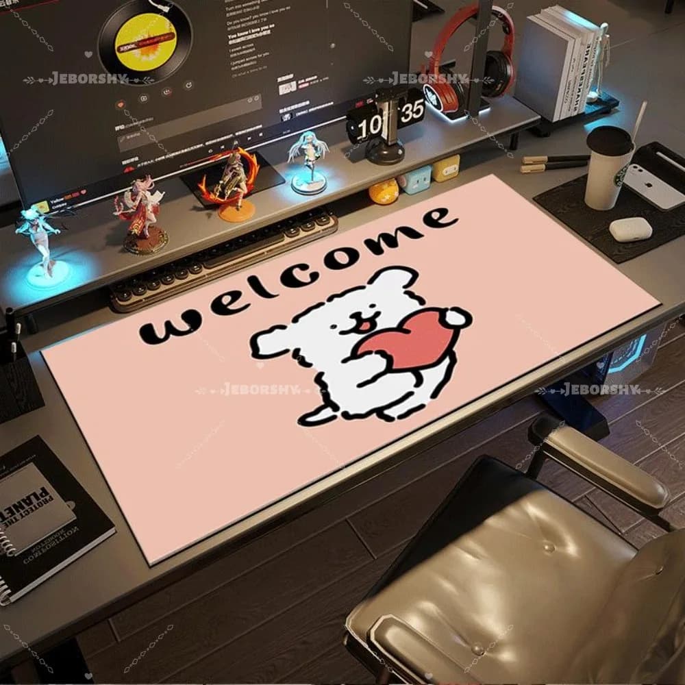 Tappetino per mouse da gaming rosa tenue, tappetino da scrivania esteso antiscivolo con testo 'Welcome', idea regalo perfetta per il compleanno