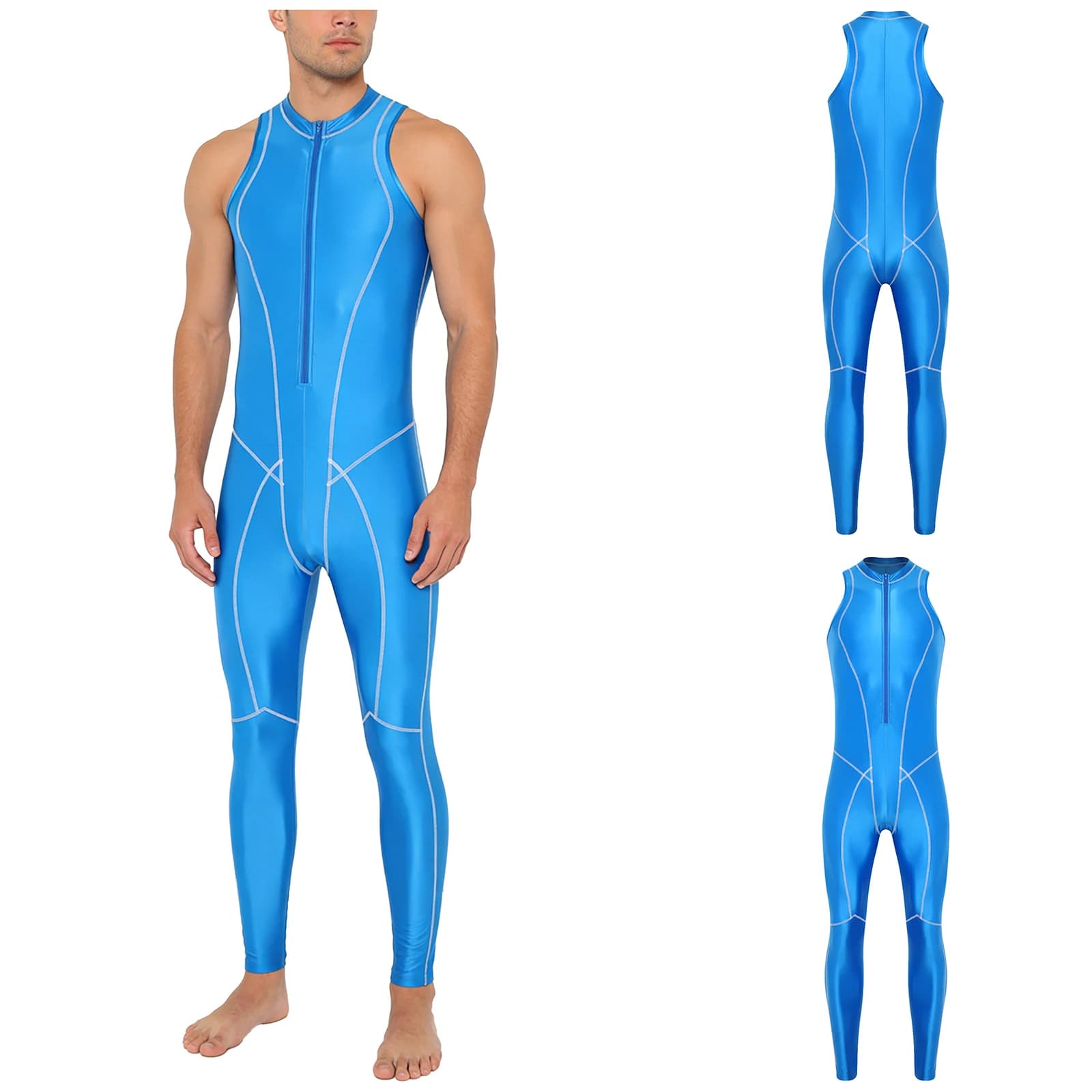 Mens Oil-shiny Unitard Swimwear Front Zipper Sleeveless Leggings Pants Flat Seams Jumpsuit Rompers for Swimwear Bathing Suits