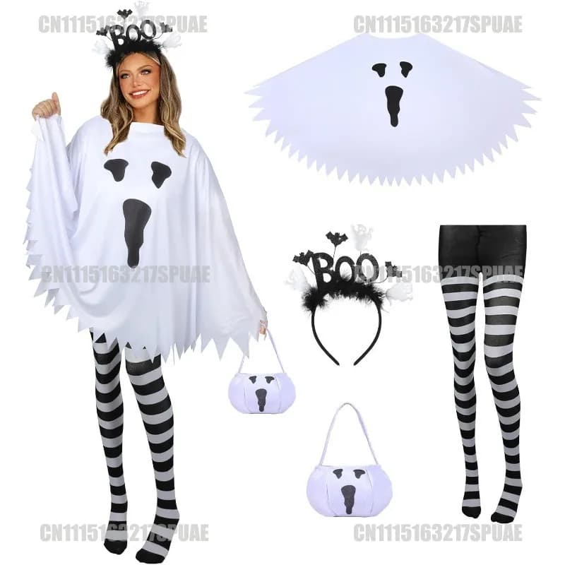Halloween Ghost Cosplay Costume Cloak Candy Bag Headband Nylon Striped Tight Suit Women Carnival Party Roleplay Pumpkin Outfits