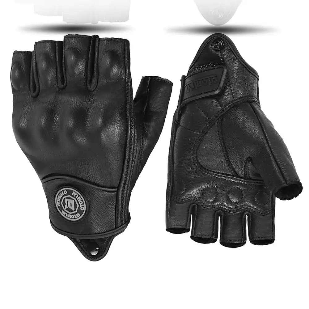 Vintage Half Finger Leather Motorcycle Gloves, Touchscreen Breathable Riding Gloves with Hard Shell Protection for Off Road