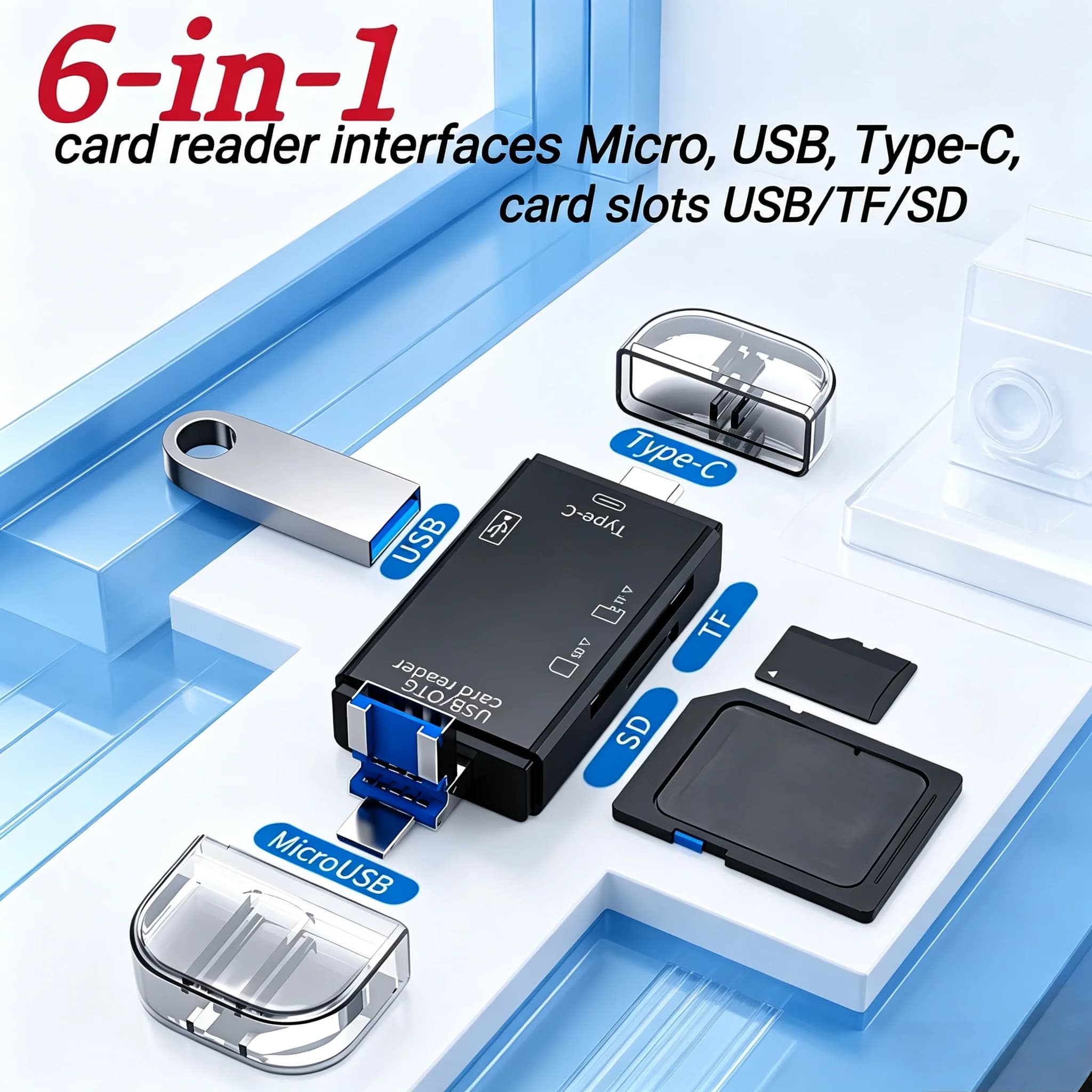 6-in-1 Type-C USB, TF, SD card reader, flip-top Micro adapter, suitable for smartphones, computers, and