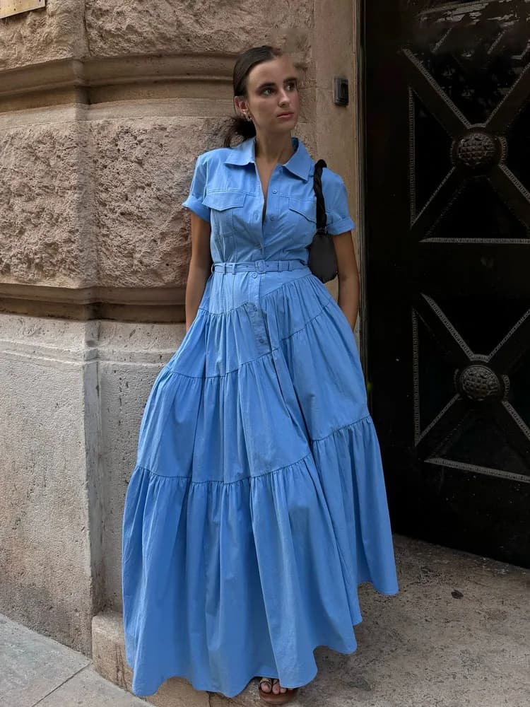 HH Women Fashion Long Dresses Solid Turn-Down Collar Short Sleeves Belt Single Breasted Female Summer Elegant Dress 2 Color