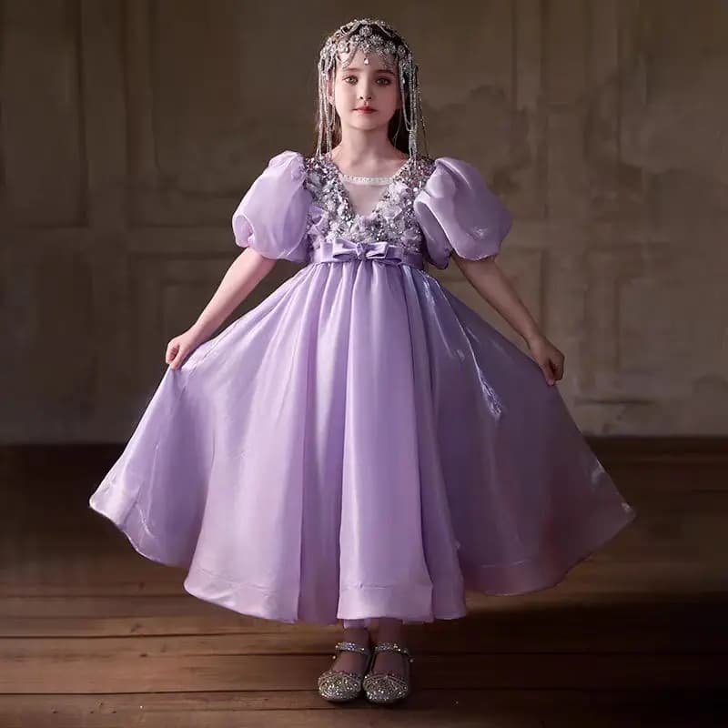 Jill Wish J028 Abiti eleganti da ragazza di fiori lilla di lusso con perline e maniche a sbuffo per bambini, matrimonio, festa di compleanno, spettacolo, abito da sera