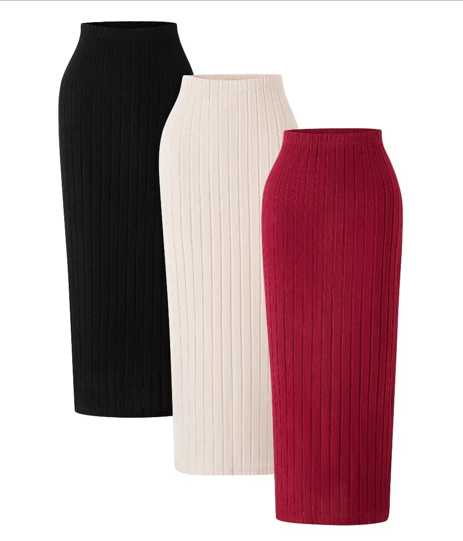 Women's High-Waisted Pencil Midi Skirt with Vertical Stripe Knit, Autumn-Winter All-Match 3-Piece Set
