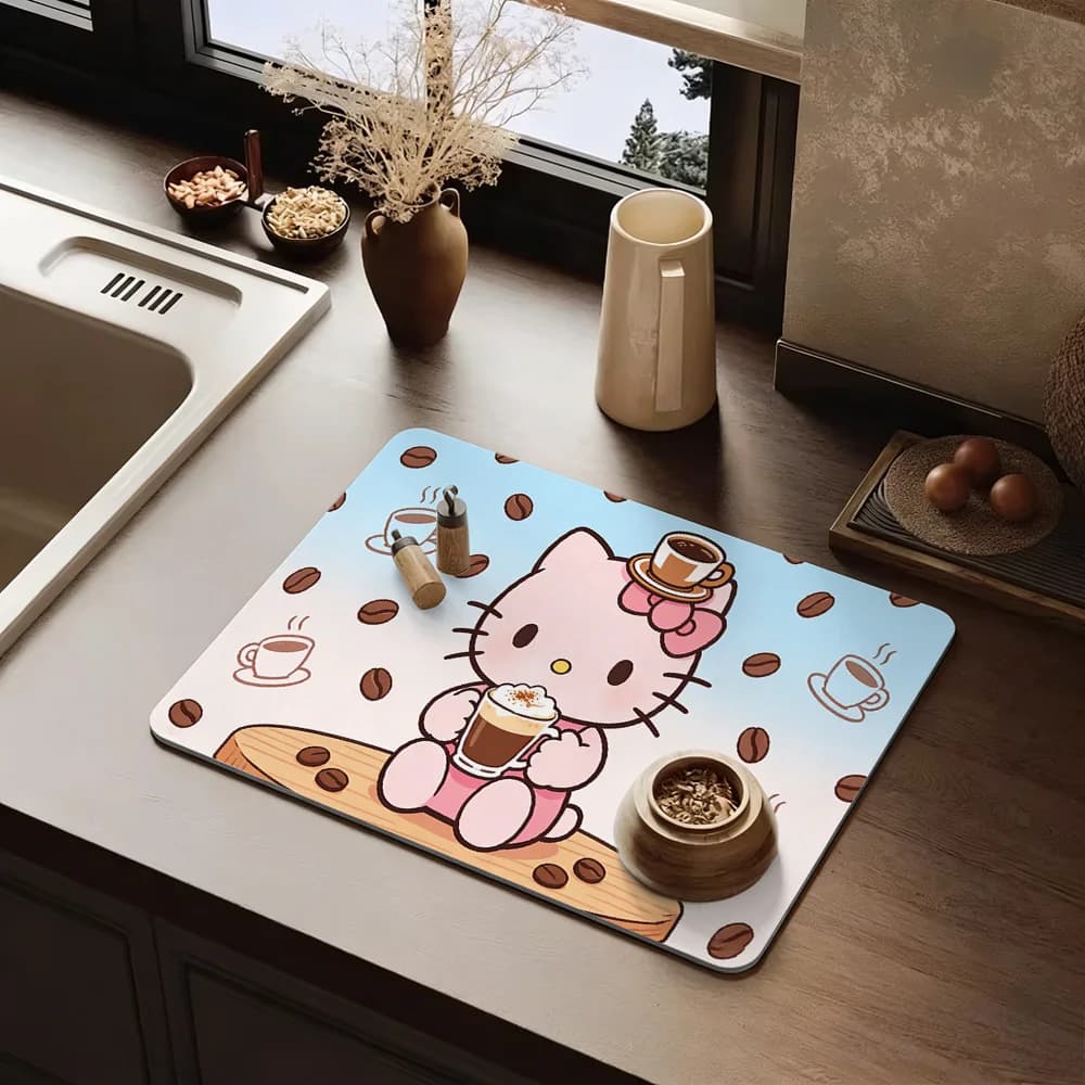 Tappetino Assorbente Antiscivolo Hello Kitty Azzurro per Asciugatura Piatti, Lavabile, per Cucina
