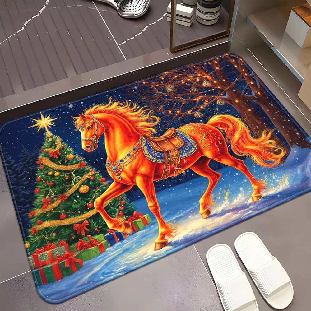 1Pc Merry Christmas Horse Scene Doormats 700Gsm, Non-Slip Bathroom Floor Mat, Microfiber Absorbent Machine Washable Polyester Rug for Bedroom, Living Room Entrance, Camping Picnic Rugs, Outdoor Mat, Outdoor Rug