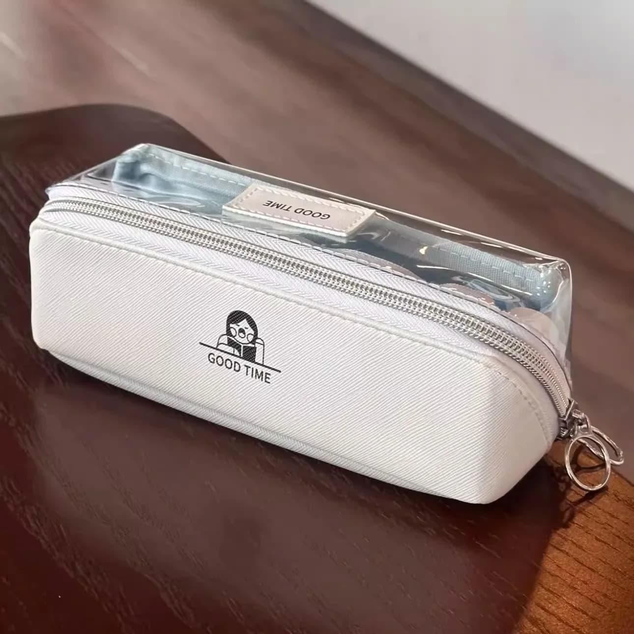 Astuccio Giapponese Semplice e Trasparente a Doppio Strato, Portapenne Minimalista per Ragazze, Borsa per Cancelleria Scolastica