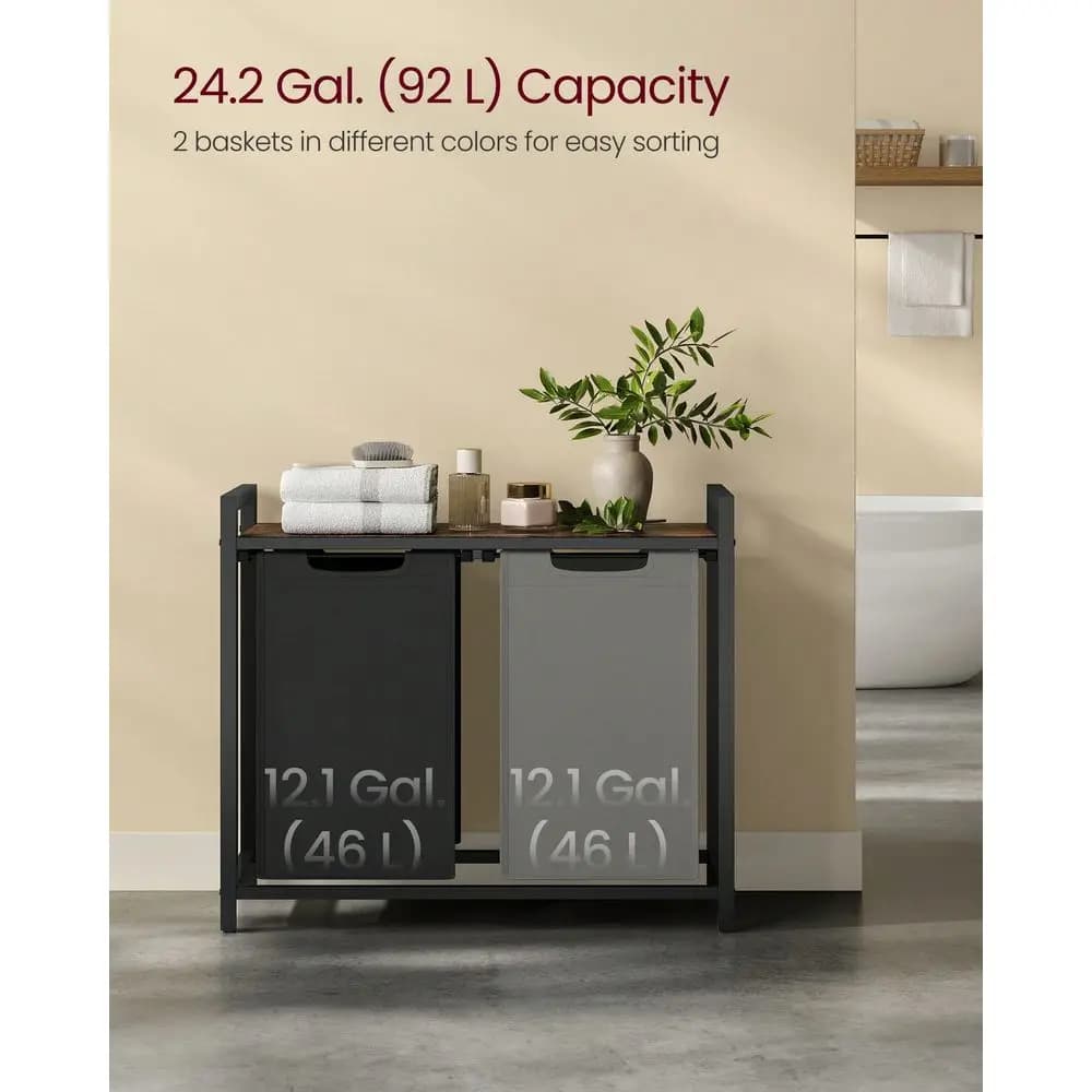 Cesto Portabiancheria, Cesto per Bucato, Organizzatore per Bucato con 2 Sacchi Estraibili Rimovibili, Ripiano, Struttura in Metallo, 2×12.1 Galloni 46L