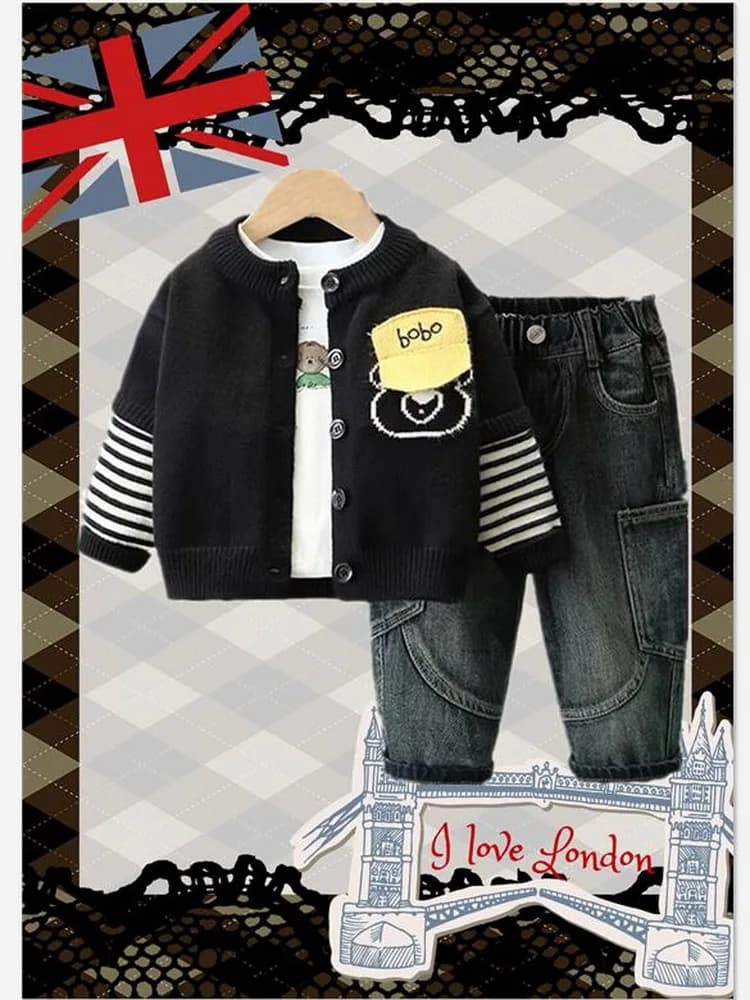 Spring Autumn New Cute Boy Suit Children's Knitted Cardigan + T-shirt+ Jeans 3-Piece Set Cotton Kids Casual Comfort Outfit 1-6Yr