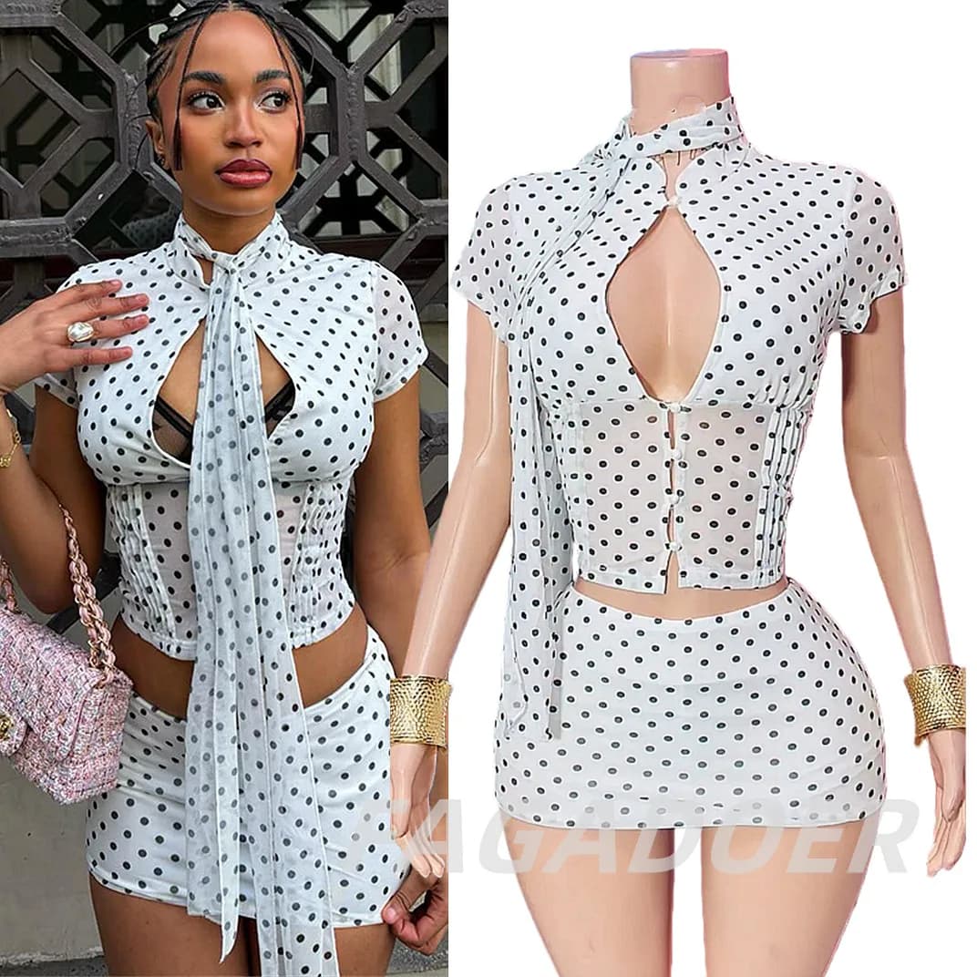 FAGADOER Sexy Polka Dot Hollow Out 3 Piece Sets Women Scarf + Ruched Stand Collar Crop Top and Mini Skirt Outfits Streetwear