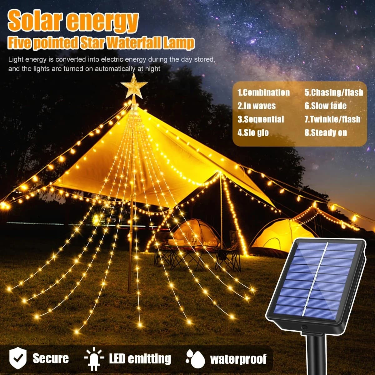 Luce solare a cascata con stella a cinque punte Lucine impermeabili Decorazioni per l'albero di Natale per decorazioni per feste in giardino Luci da giardino