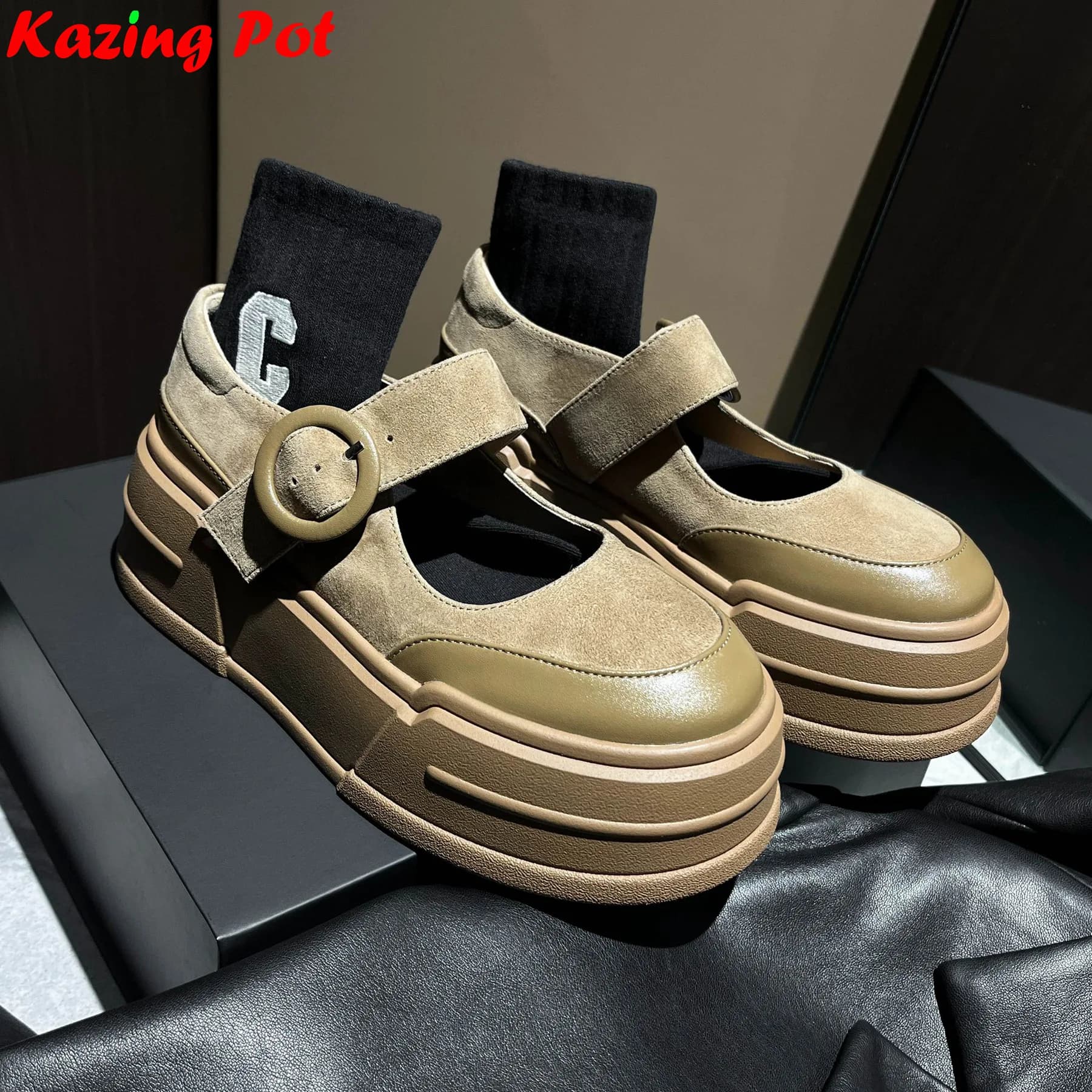 Krazing Pot Mary Jane Shoes in Elegant Vacchetta Leather with High Heel and thick Sole, Casual Shoes with Spring and Autumn Plateau, Brand Women's Pumps
