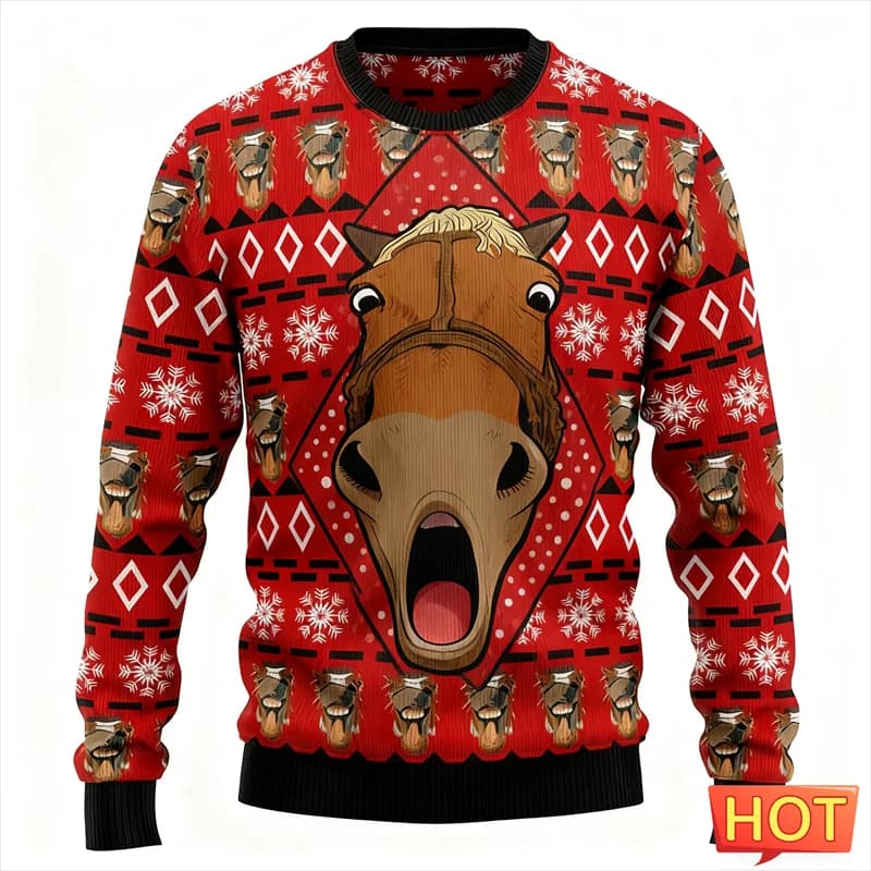 2026 Nuovo Divertente Cavallo Faccia Grafica Brutto Natale Felpe Moda Girocollo 3D Stampato Natale Felpe Casual Pullover di Grandi Dimensioni