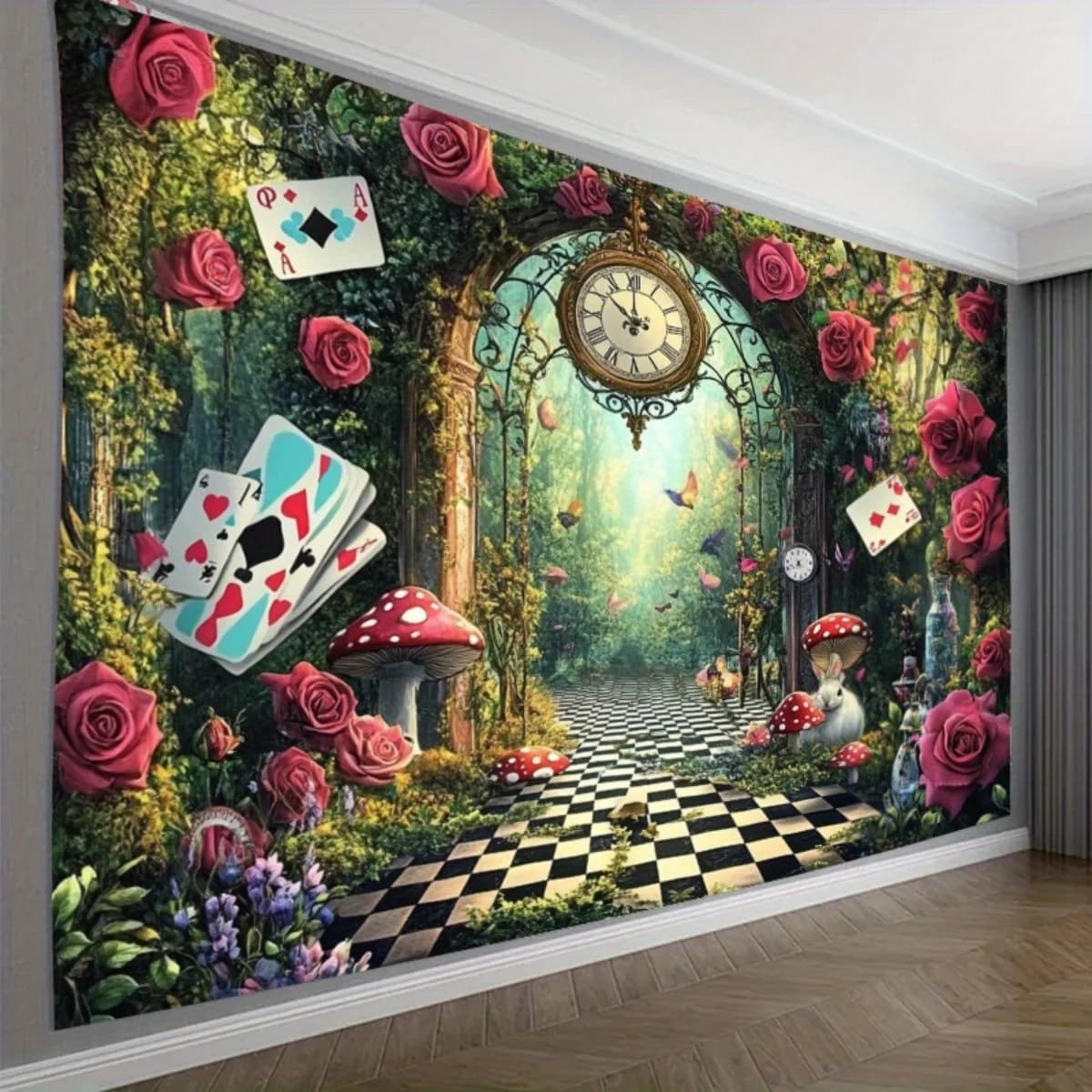 Whimsical Alice Tapestry Indie Style Wall Hanging, Surreal Wonderland Scene with Roses,Cards, Clock and Mushrooms for Home Decor