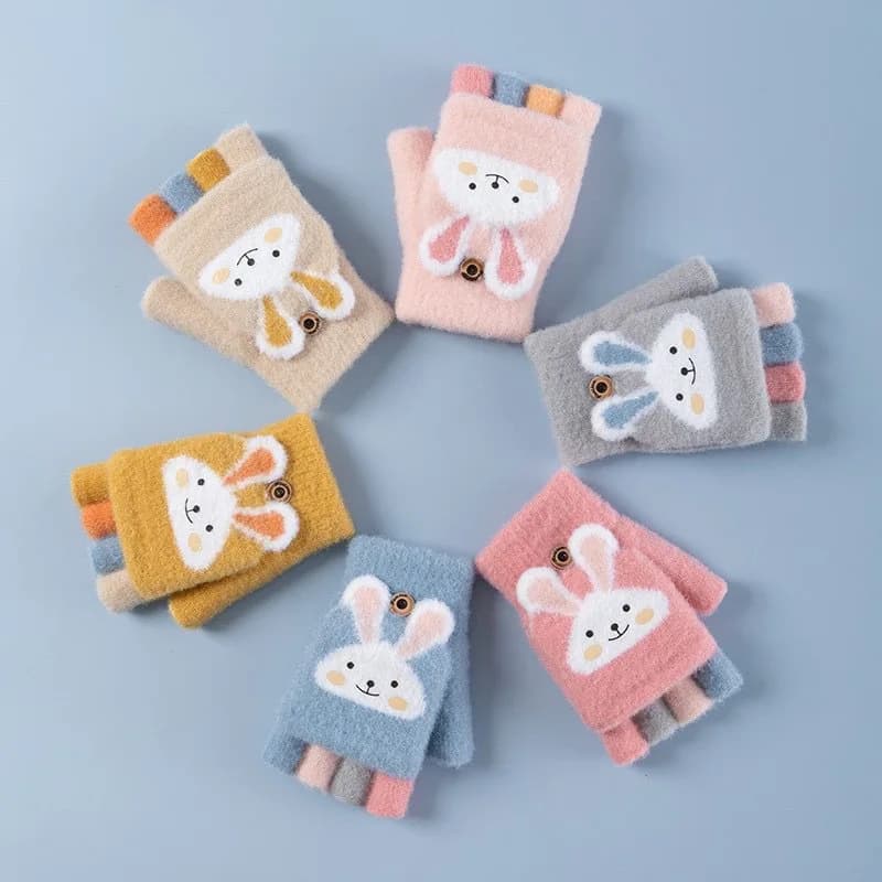 Children's five-tie gloves with Cartoon Bunny for 4 years, thick winter gloves with half fingers, new warm winter gloves