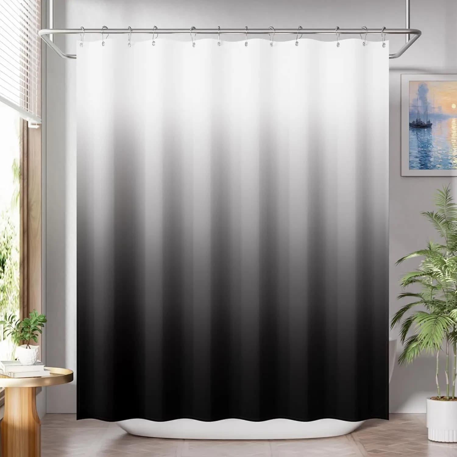 Set Tenda Doccia Ombre Nera con 12 Ganci, Tessuto Lavabile, Decorazione Bagno Rustica Stile Fattoria, 72x72 Pollici