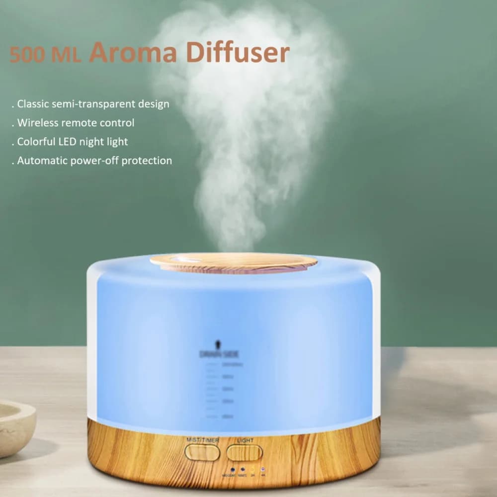 Umidificatore ad ultrasuoni con telecomando per diffusore di oli essenziali da 500 ml Umidificatore da tavolo con venature del legno con luci notturne colorate