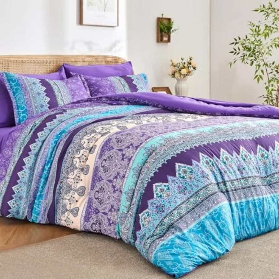 Set Copripiumino Boho - 7 Pezzi, Set Letto Completo Bohemien a Righe con Lenzuola, Set Biancheria da Letto Floreale in Morbida Microfibra per Al