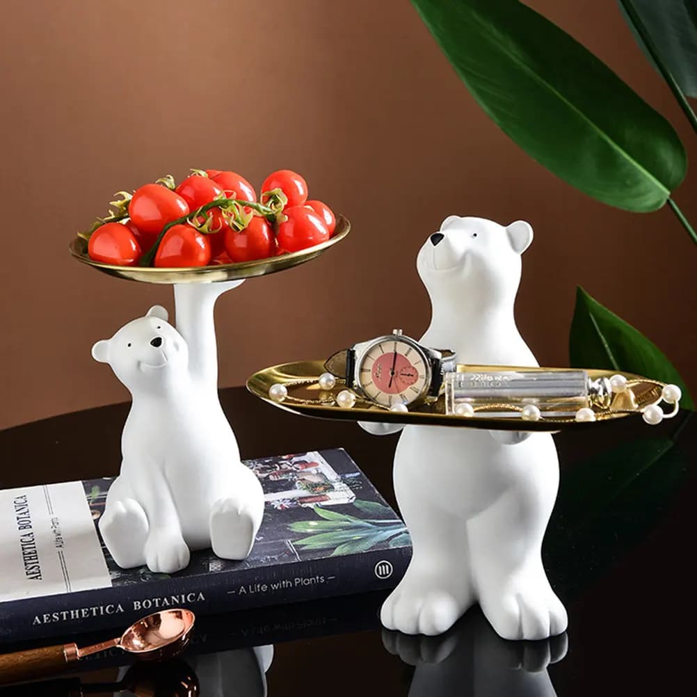 Scultura di Orso in Resina con Vassoio in Metallo, Vassoio Decorativo Multifunzionale per Anelli, Orecchini, Occhiali da Sole e Gioielli
