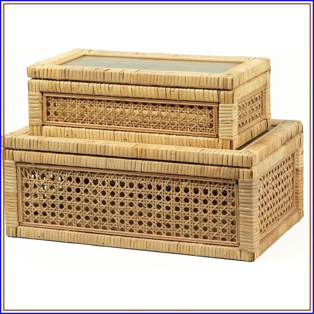 Handmade Rattan Display Box with Lid - Rectangular Coastal Bohemian Stackable Storage Set for Home Decor