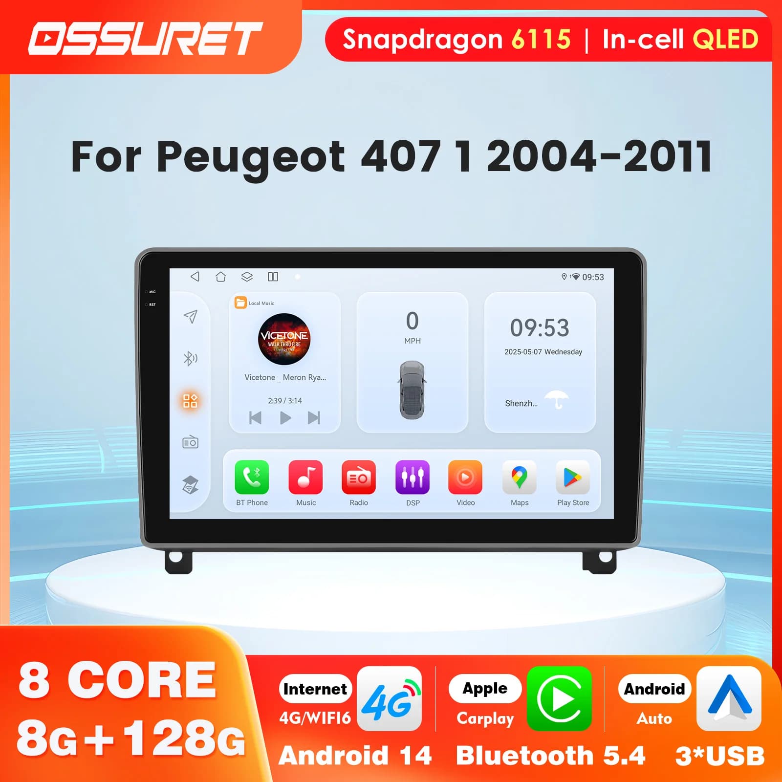 Autoradio Snapdragon Incell schermo per Peugeot 407 1 2004 2005-2011 Android Auto GPS 2DIN Wireless Carplay Navigazione Stereo
