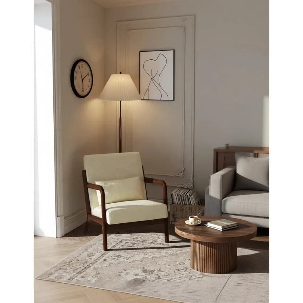 Poltrona in ciniglia stile Mid-Century con cuscino lombare e struttura in legno massello per soggiorno, camera da letto, ufficio, beige